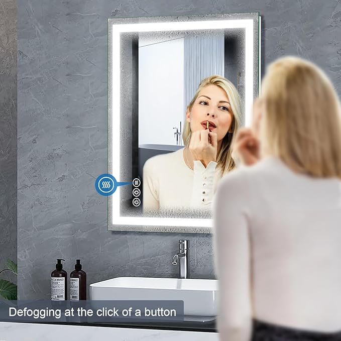 Led Bathroom Mirror with Light 40"x30" Frameless Lighted Vanity Mirror Wall Mount, Fogless, 3 Color Mode, Stepless Dimmable Front Light and Backlit, Smart Touch Sensor, Tempered Glass