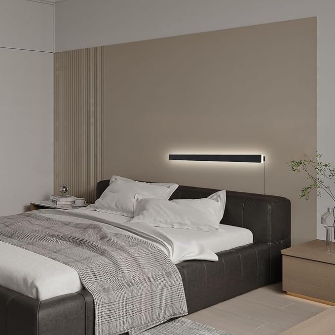 Modern Plug in Wall Lights, 31.4 inch Frosted Black LED Long Wall Sconce, 16W Warm White 3000K Acrylic Indoor Wall lamp,with 59" Plug Cable for Bedroom, Living Room, Hallway