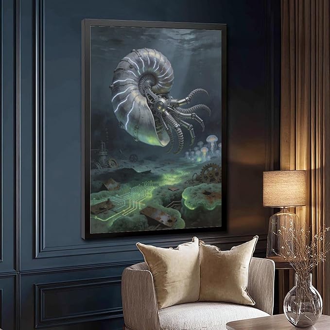 Framed Steampunk Mechanical Nautilus Wall Art - Underwater Industrial Poster for Man Cave Studio Decor 08x12in