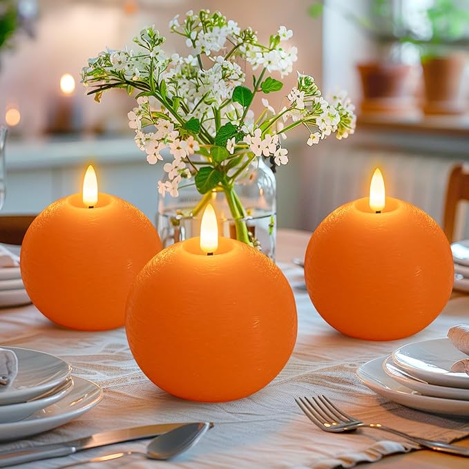Flameless Candles with Remote, Orange Round Candles Ball LED Battery Operated Real Wax Candles Warm Light 3D Wick Flickering for Home Party Wedding Decor (Set of 3)