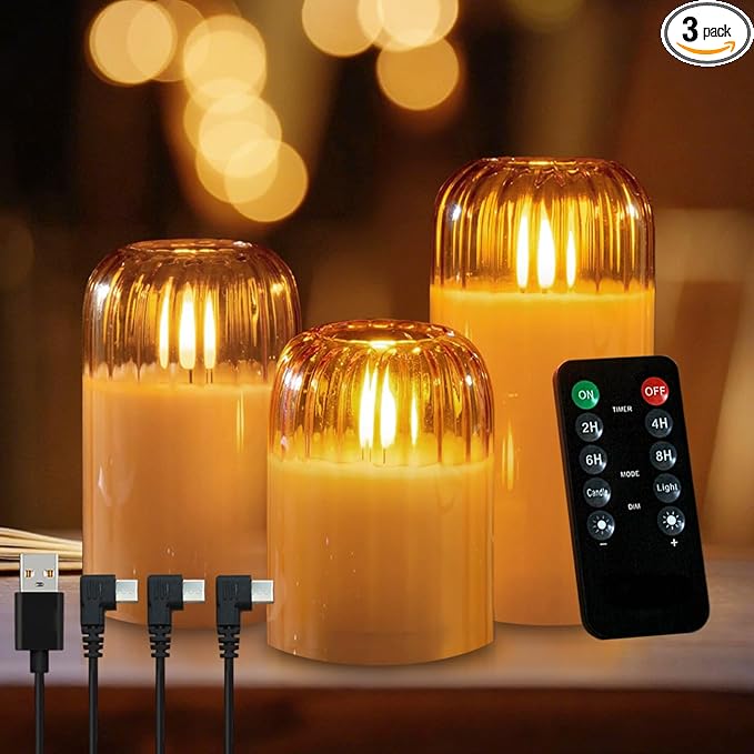 3Pcs LED Candle Set Rechargeable with Remote Control,Gold Glass Flameless Candles,Candle Lights for Home Decor, Bedroom, Bathroom Accessories，Pumpkin Fake Candles for Halloween