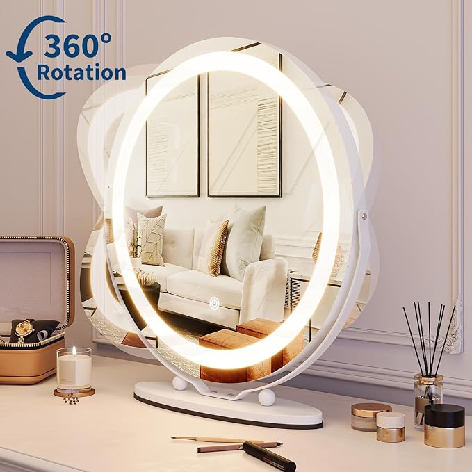 IDEALHOUSE Vanity Mirror with Lights, 19" Lighted Makeup Mirror, LED Desk Mirorr with 360° Rotation, Dimmable 3 Modes, Smart Touch Control for Bedroom or Tabletop(Round,White)