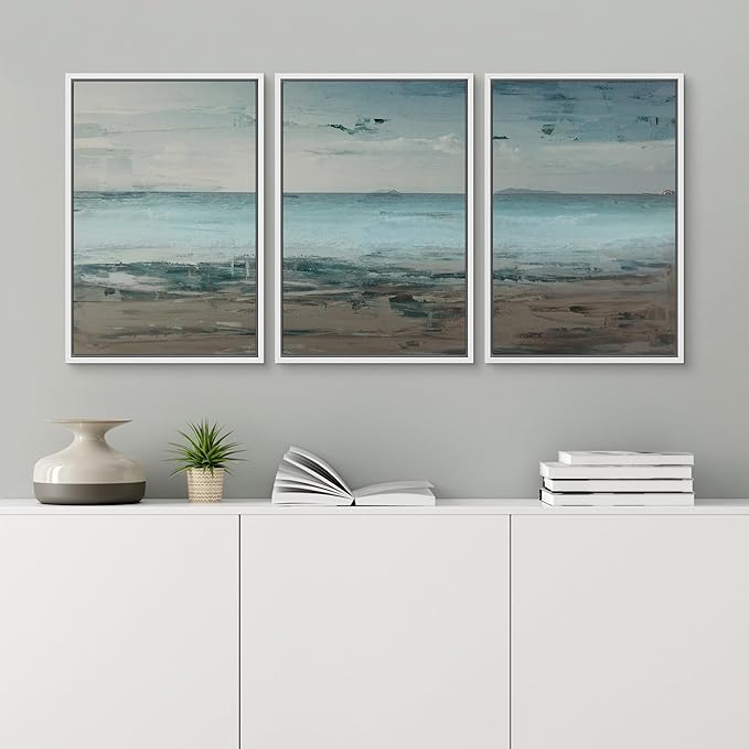 wall26 Framed Canvas Print Wall Art Set Grunge Teal & Brown Beach Shoreline Landscape Geometric Ocean Digital Art Minimalism Nautical Multicolor for Living Room, Bedroom, Office - 16"x24"x3 White