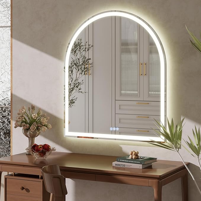 BEAUTYPEAK 34x30 LED Arch Bathroom Mirror with Lights, Anti-Fog, Dimmable, Backlit + Front Lit, Lighted Bathroom Vanity Mirror for Wall, 3 Colors, Memory Function, Tempered Glass, Shatter-Proof