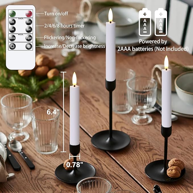 Battery Operated Flameless Taper Candles with Two Remote Timer, 6.4" LED 3D-Wick Window Candles, Flickering Long-Lasting Warm Light Electric Pack of 6 Flameless Candlesticks (0.78" Dia, White)