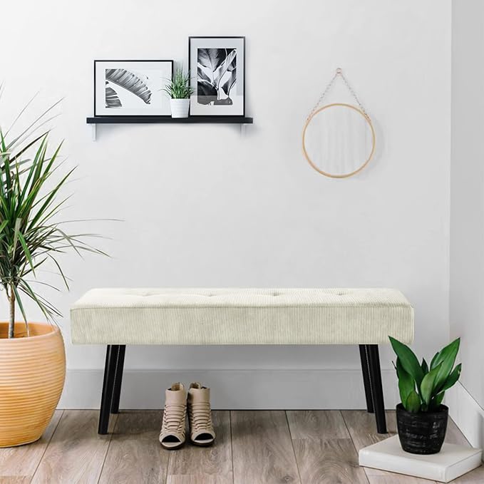 Entryway Bench - Beige Bench for Bedroom, Modern Ottoman End of Bed, Corduroy Padded Benches for Living Room, Foyer, Mudroom, Hallway - 39" L x 14" W x 17" H