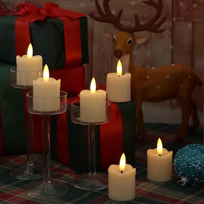 Set of 6 Flameless Votive Candles with Timer (5 Hour) Realistic Black Wick Battery Operated Candles Dripping Flickering LED Tealights for Wedding Party Holiday Christmas Halloween Decoration