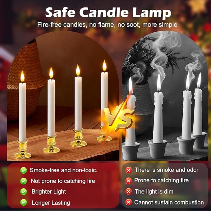 Pruk 10-Pack Flameless LED Candles w/Remote, Realistic Flickering Flame, Battery Operated Window Candles, Timer & Dimmer, Weighted Base, 10.8" Tall (Gold)