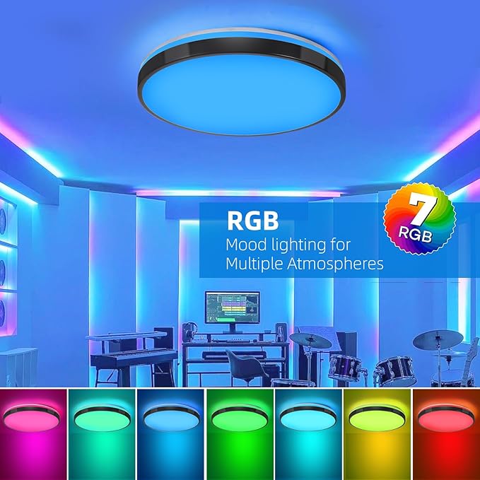 HOREVO 24W LED Ceiling Lamp Black Flush Mount Ceiling Light Fixture with Bluetooth Speaker with Remote Control,RGB Color Changing Light for Bedroom,Living Room,Kid's Rooms,Kitchen.(Need Wired)