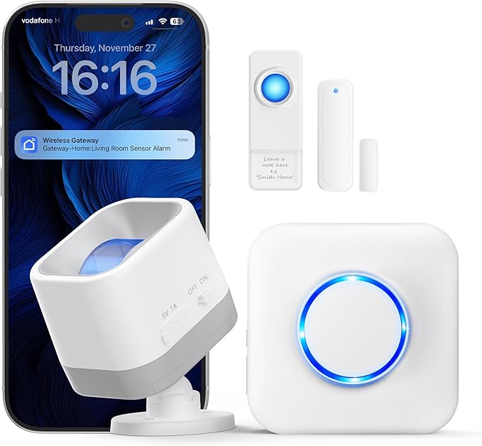 WiFi Motion Sensor, Smart Motion Detector Kit with Phone App Alerts, Includes Gateway Hub, PIR Motion Sensor, Doorbell Button, Door Sensor, DIY Burglar Alarm for Home Business Apartment (Only 2.4GHz)