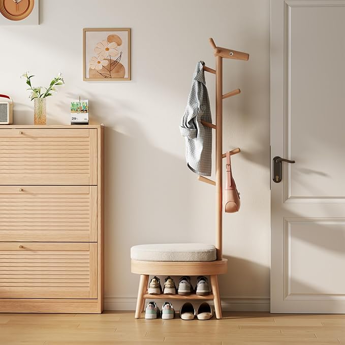 AQIMUELE Shoe Bench Entryway,Coat Rack with Shoe Storage, Coat Rack and Shoe Rack, Wooden Narrow Shoe Bench（Natural）