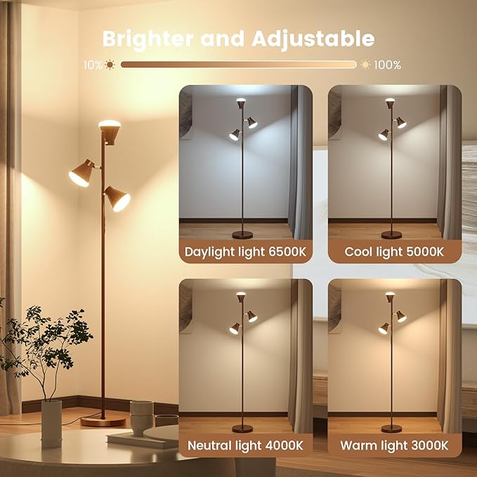 36W LED Tree Floor Lamp, Dimmable Tall Standing Lamp with Remote & Touch Control, 4 Color Temperatures Bright Floor Lamp, 3 Rotatable Light Modern Floor Lamps