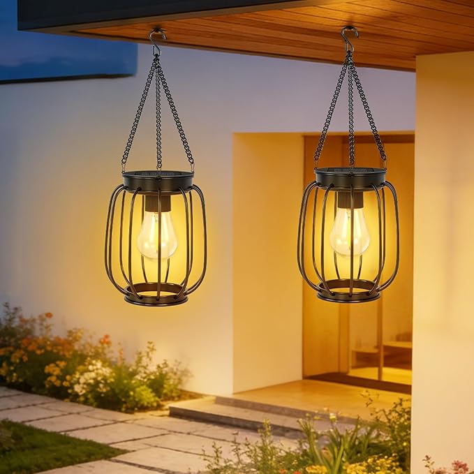 Outdoor Solar Lanterns, Waterproof Vintage Metal Hanging Lights with Warm White LED, Auto On/Off, Brighter Decorative Lanterns for Garden Patio Yard Porch, Gifts for Women Mom, 2 Pack