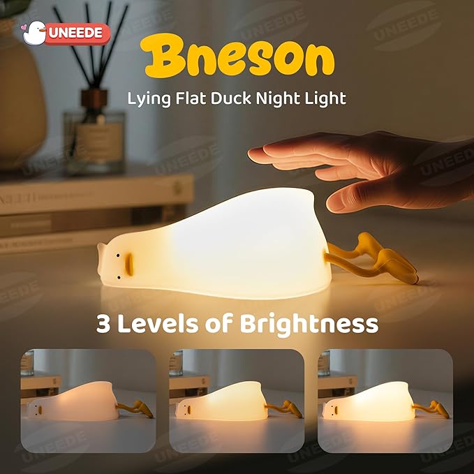 UNEEDE Lying Flat Duck Lamp, 3 Level Dimmable Rechargeable Silicone Night Light, Benson Duck Cute Squishy Touch Sensor Bedside Lamp for Nursery, Breastfeeding, Kids Room Decor