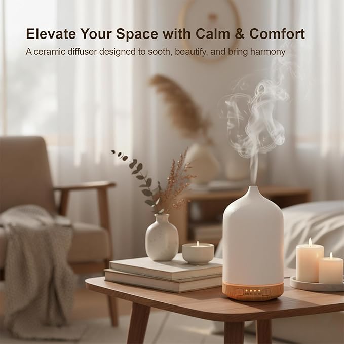 Ceramic Essential Oil Diffuser, 250ml Aromatherapy Humidifier & 7 Color-Changing Night Light with Auto Shut-Off, 1H/3H/5H Timer Ultrasonic Cool Mist Quiet Operation for Home, Office, Yoga