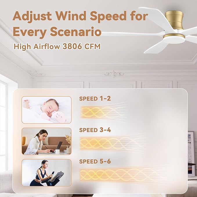 52 Inch Wood Smart Low Profile Ceiling Fans with Lights Remote,Control via WIFI Alexa Google App,6 Speed,Quiet DC Motor,Flush Mount Outdoor Indoor Ceiling Fan for Modern Bedroom Patio Porch,Gold White