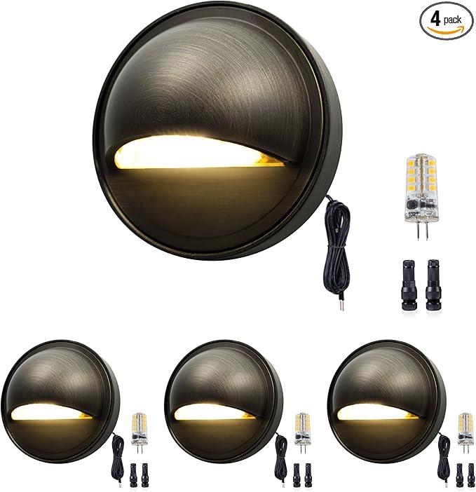 Gardenreet Low Voltage Deck Lights - Solid Brass Landscape Step Lights LED, 12V Hardwired IP65 Waterproof, Bronze Round Lighting for Stair Fence Wall Yard with 3W 5000K Daylight White G4 Bulb 4 Pack