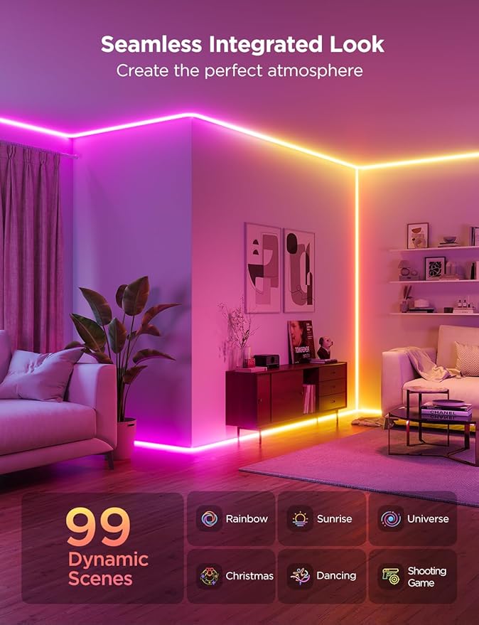 Govee Neon Rope Light for Wall Lining, LED Rope Lights Work with Matter, Google Assistant, Alexa, 16.4ft RGBIC Strip Lights with Smart App Control and Music Sync for Living Room, Bedroom, Wall Corners