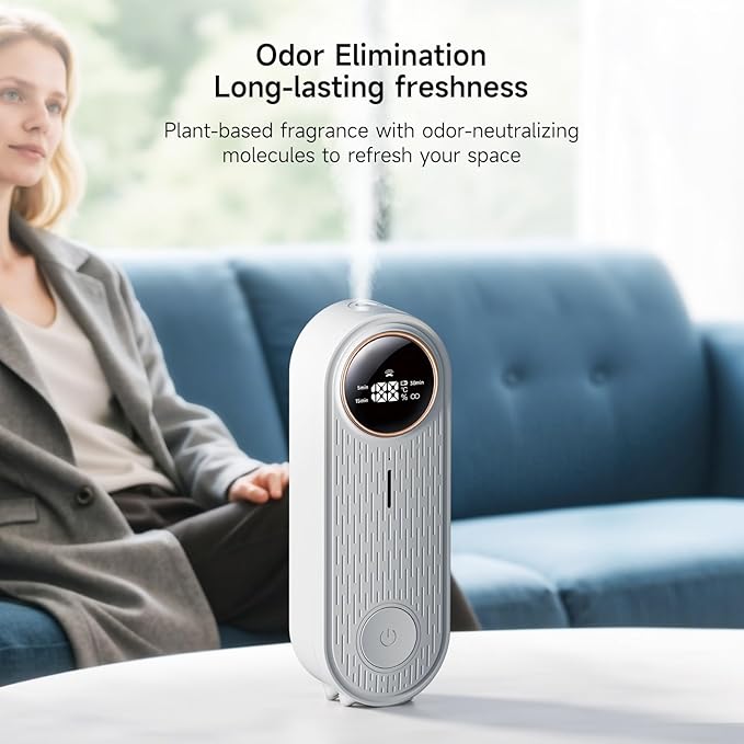Essential Oil Air Freshener Diffuser with App Control - Waterless Aromatherapy Diffuser for Home, Office, Bathroom | 6 Essential Oils Included, Temperature Display