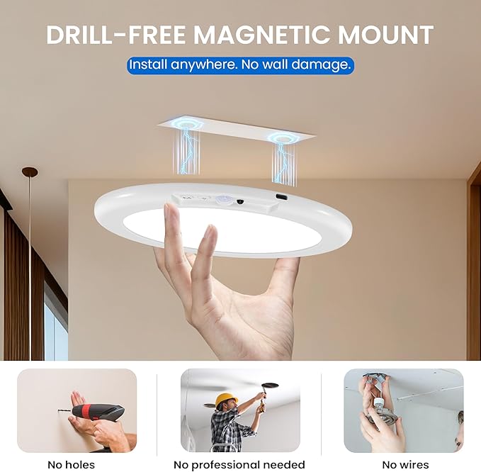 KINDEEP Rechargeable Motion Sensor Ceiling Light with Remote: Battery Operated Ceiling Light Wireless Indoor for Closets Shower, Closet, Stairs, Hallway, Pantry, 3 Color Temperatures Dimmable, 1Pack
