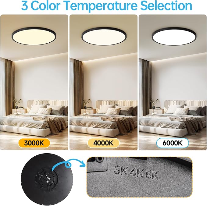 20 Inch Large LED Flush Mount Ceiling Light Fixture,45W,4600LM,3000K/4000K/6000K CCT Selectable,0.9 inch Super Slim Round Ceiling Light for Bedroom,Hallway,Kitchen (Dimmable Black 1PK)