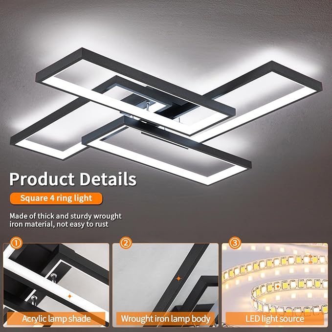 Modern LED Ceiling Lights for Bedroom 26" Dimmable Square Ceiling Lights for Living Room with Remote Control Black Bedroom Light Fixture for Kitchen,Bathroom,Balcony