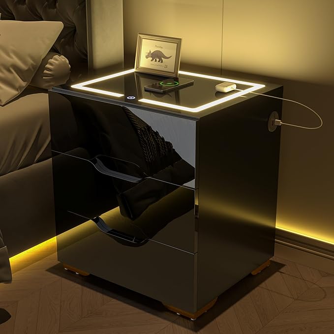 Black Smart Nightstand with Wireless Charging Station & USB Charging, High Gloss Smart Bedside Table with Adjustable LED Lights, End Table Organizer for Bedroom Living Room Office Use