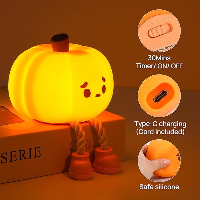 Cute Silicone Pumpkin Night Light, Rechargeable Dimmable Nursery Nightlight, Bedside Touch Lamp for Breastfeeding, Pumpkin Decor for Fall Decorations
