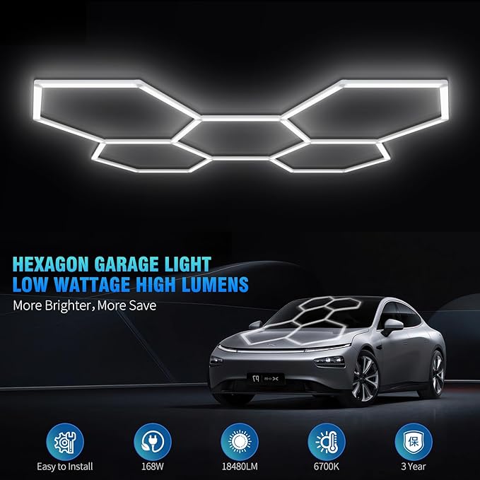 25-Pack Hexagon Garage Lights, 168W 21840LM Super Bright Ceiling LED Light Fixtures, 6700K Honeycomb Hex Lighting for Car Detailing Shop, Gym, Workshop, Basement