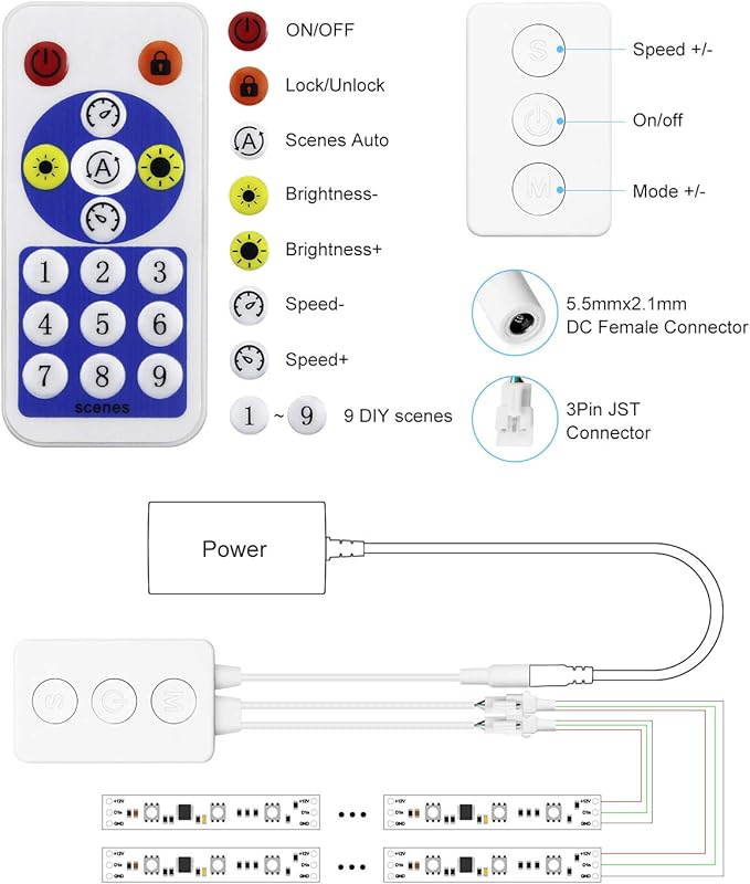 ALITOVE WS2812B Controller Bluetooth Music Sync WS2811 Addressable RGB LED Controller with RF Remote Dual Signal Output DC 5V~24V for SK6812 WS2812 SM16703 1903 3Pin Dream Color LED Pixel Strip Lights
