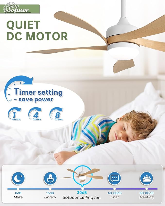 Sofucor 45 Inch Ceiling Fan with Lights and Remote, Indoor/Outdoor Ceiling Fan with Light 6-Speed 3 CCT 3-Timer, Low Profile Modern Ceiling Fan 5 Blade Quiet DC Motor for Bedroom Living Room Patio