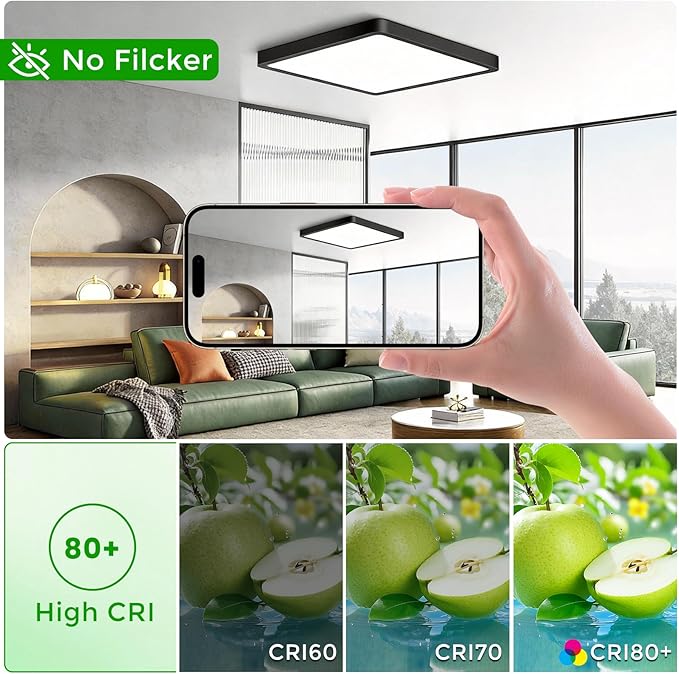 15.7Inch 32W Square LED Ceiling Light Fixtures Flush Mount, 5000K Daylight White LED Ceiling Lamp, Surface Mount Modern Ceiling Lights, Black Slim Flat Panel Lighting for Bedroom, Kitchen, Bathroom