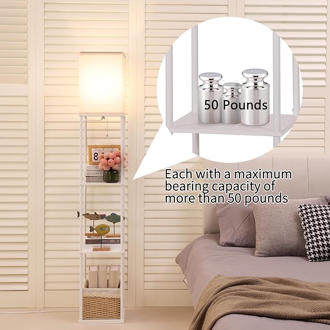 Floor Lamp with Shelves, with Modern Square Standing Lamp with Smart APP Control RGB Bulb, Corner Display Bookshelf Lamp for Living Room, Bedroom and Office (White-9RGB)
