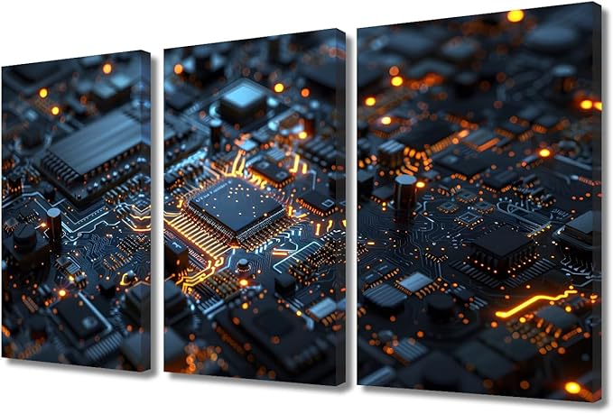 Canvas Wall Art for Bedroom 3D Technology Motherboard Wall Decorations for Living Room Office Wall Decor Circuit Board Pictures Wall Painting 3 Piece Stretched and Framed Ready to Hang (36"Wx24"H)