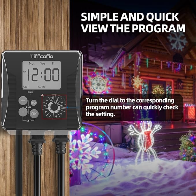 TiFFCOFiO New Digital Outdoor Timer Waterproof, Dial Programmable Method, Outdoor Light Timer with 2FT Extension Cord, 2 Grounded Electrical Outlets for Lights, 6 Sets of Programs, 15A/1875W