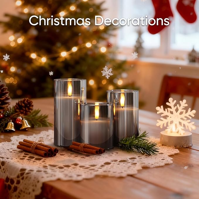 5plots Flameless Battery Operated Candles Set of 3, Gray LED Candles with Remote Timer, Real Wax Glass Pillar Candles Warm Flickering Light for Indoor Home, Halloween, Christmas Decor D3 x H4 5" 6"