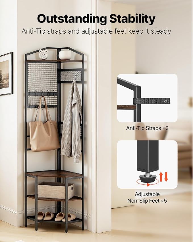 VEVOR Corner Hall Tree, 71.3 in Coat Rack with Hooks, Top Shelf & Steel Frame, Freestanding Clothes Shoes Rack Storage Organizer with Anti-Tip Set, Adjustable Non-Slip Feet for Entrance Closet Office