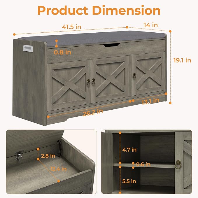 Farmhouse Shoe Storage Bench with Cushion Seat, 3-Tier Entryway Bench with Lift Top Storage and Adjustable Shelf, Bench for Hallway, Bedroom, Grey