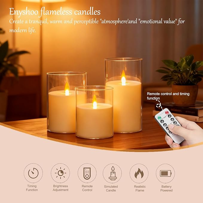 Flameless Candles with Remote&Timer - Realistic 3D Flickering Flame LED Battery Operated Candles, Warm White Light for Home Decor, Christmas, Wedding, Party, and Holiday Decoration