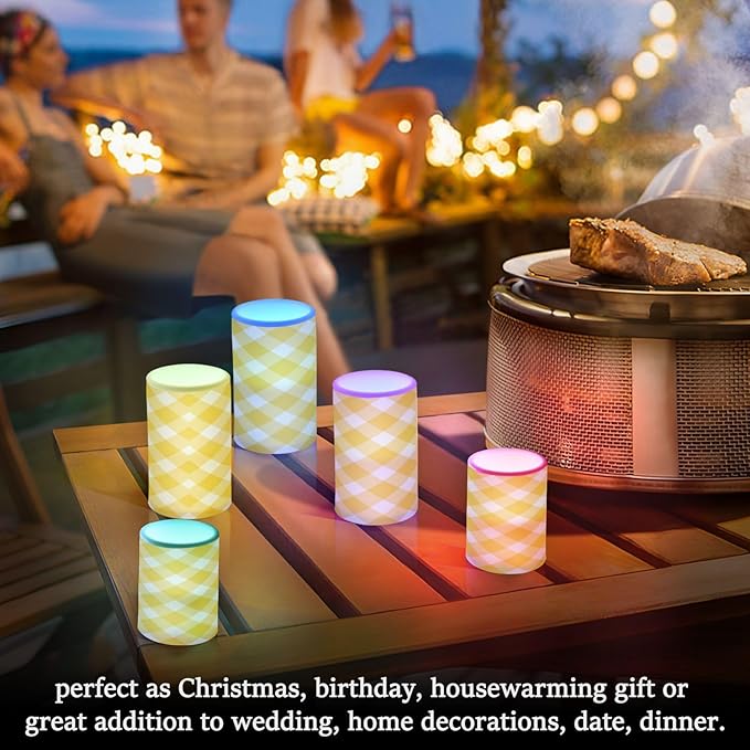 Graffiti Plaid Pattern Flameless Candles Color Changing LED Candles with Remote Control Battery Candles for Outdoor and Indoor Home and Room Decoration, 3'' x 4''/5'' Set of 2 Pieces