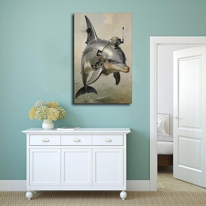 Framed Steampunk Mechanical Dolphin Wall Art - Marine Retro-Futuristic Poster for Beach House Living Room Decor 24x36inch(60x90cm)