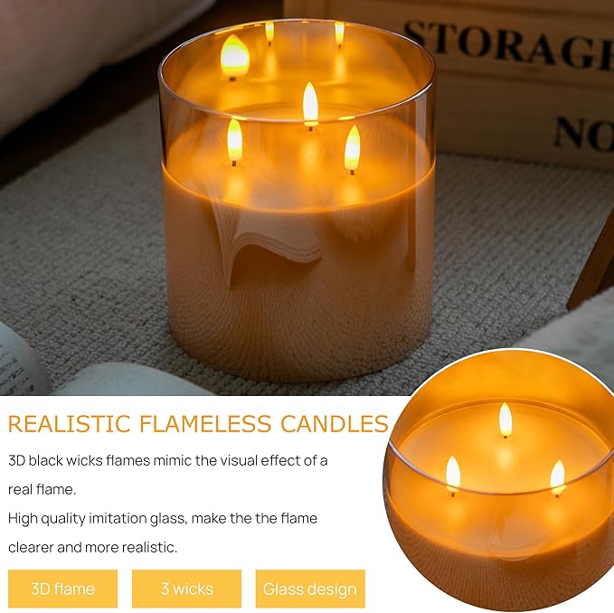 Extra Large Flameless Candles with 3 Wicks, 6"x6" Glass Battery Operated Candles with Remote, Real Wax Flickering LED Candles Fake Candle for Home, Wedding, Party, Glod