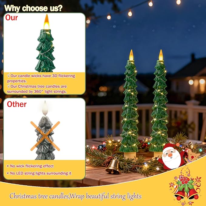 2-Pack Christmas Tree Flameless LED Candles with String Lights, Realistic 3D Flickering Flame, Remote Control, Battery-Operated Christmas Decorations for Home & Holiday Display