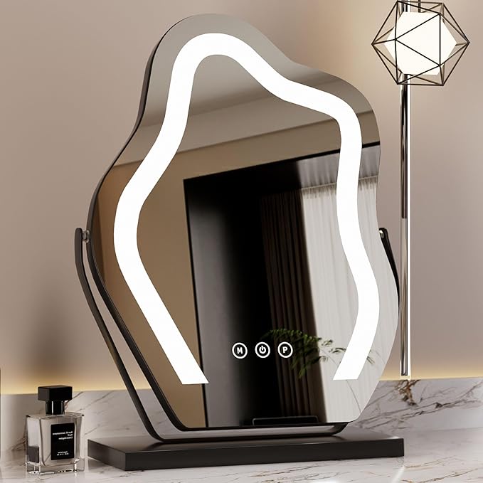 Makeup Mirror with Lights - 17″ Cloud Shaped Smart Touch 3-Color Dimmable 360° Rotation Memory Metal Frame Plug-in AC Power Tabletop Vanity Mirror Gift for Women Teen Girls Black