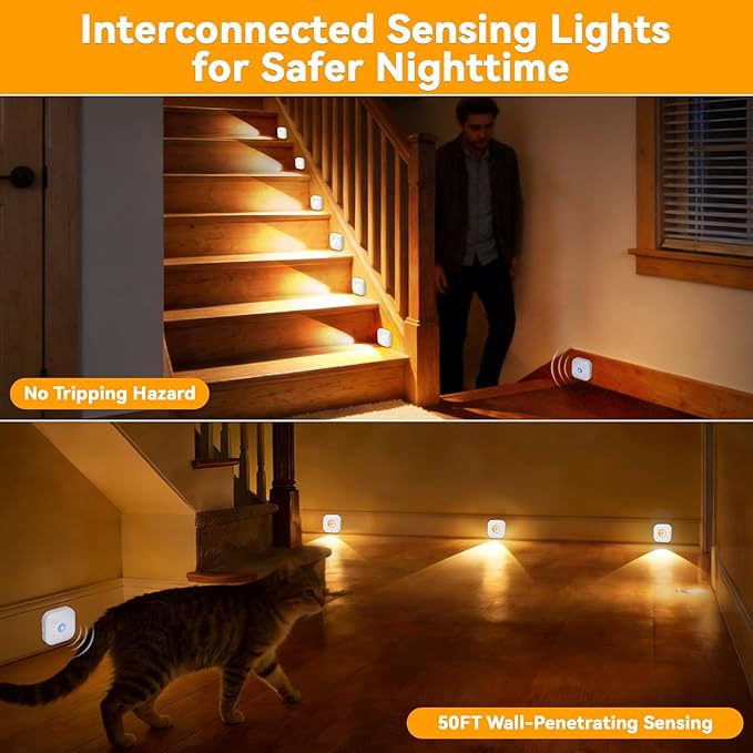 6 Pack Motion Sensor Stair Lights with 2 Separate Sensors-50FT Wall-Penetrating Remote & All Lights On Together,3CCT&Dimmable Step Lights,Wireless Stick On Lights for Hallway,Basement,Bathroom