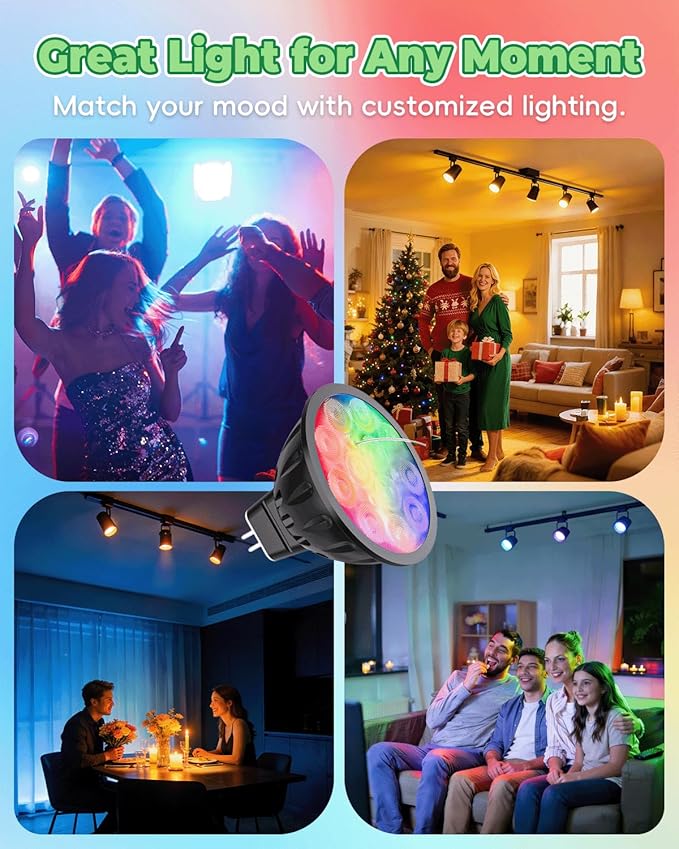 Upgraded Smart WiFi MR16 LED Bulbs Dimmable, RGBW MR16 LED Bulb Color Changing, GU5.3 Bi-pin Base, Multicolor CCT Tunable, Memory Function, Music Sync for 12V Low Voltage Spotlight 4-Pack