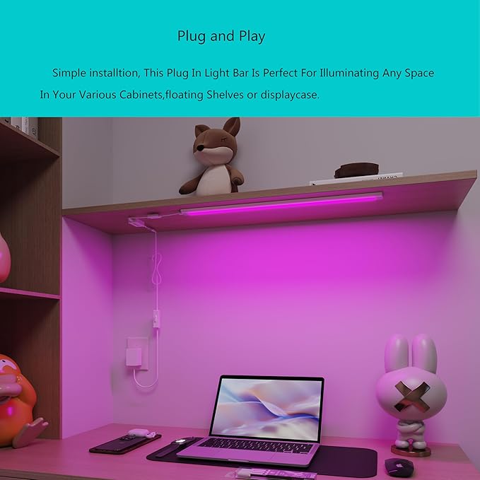 Plug In Under Cabinet Lighting, RGB LED Light Bar Works with Alexa, Google Assistant, Smart App, 20Inch, Ultra-Thin Room Lights Strip Dimmable for Kitchen Counter, Shelf, Desk, Closet, Music Sync,1pcs
