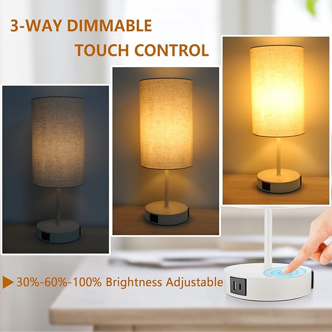 HiBay 2-Set 17.75" Touch Bedside Table Lamps with USB Charging Ports & AC Outlet, Modern White 3-Way Dimmable 800lm LED Nightstand Lights with Fabric Shade for Bedroom Living Room Dorm