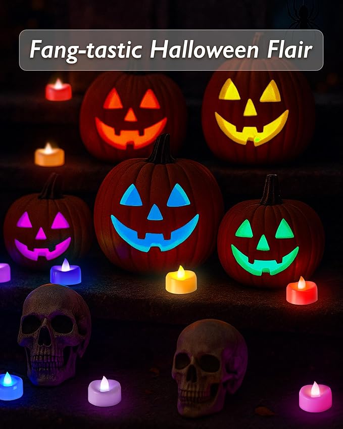Raycare 24 Pack 7-Color Changing LED Tea Lights, Battery Operated Flameless Votive Candles for Party, Halloween Pumpkin, and Christmas Decorations (200+ Hours)