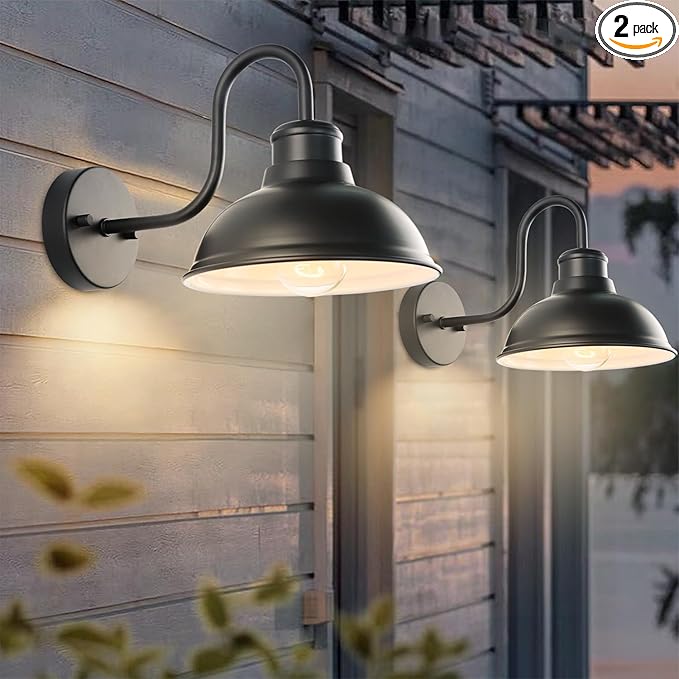 12" Outdoor Barn Gooseneck Light 2 Pack, Large Exterior Wall Sconce, Black Classic Farmhouse Industrial Wall-Mounted Barn Light Fixture for Garage/Porch/Patio